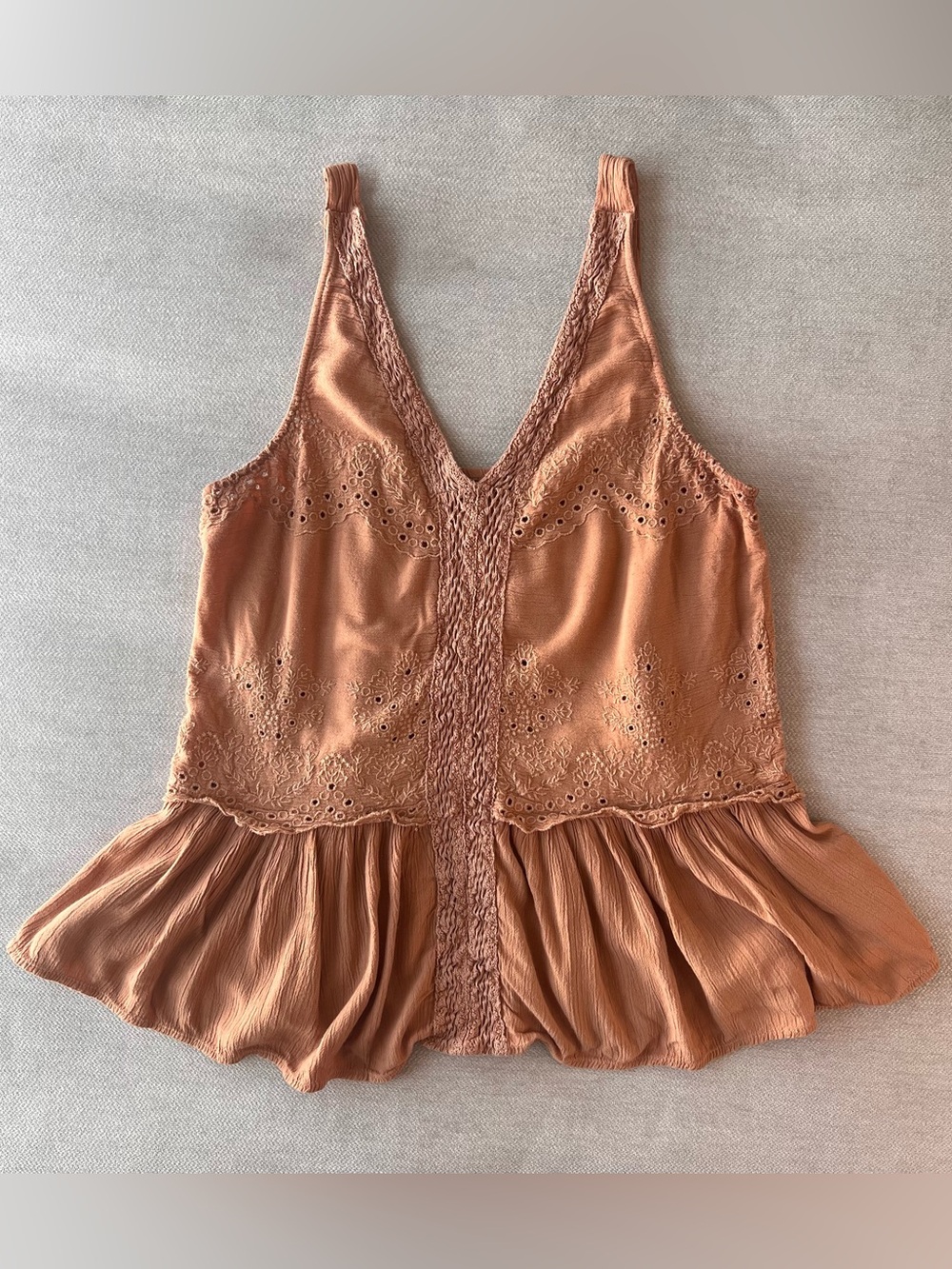 American Eagle Tan Peplum Tank Top Bohemian Eyelet Crochet Lace Gauze Top Small